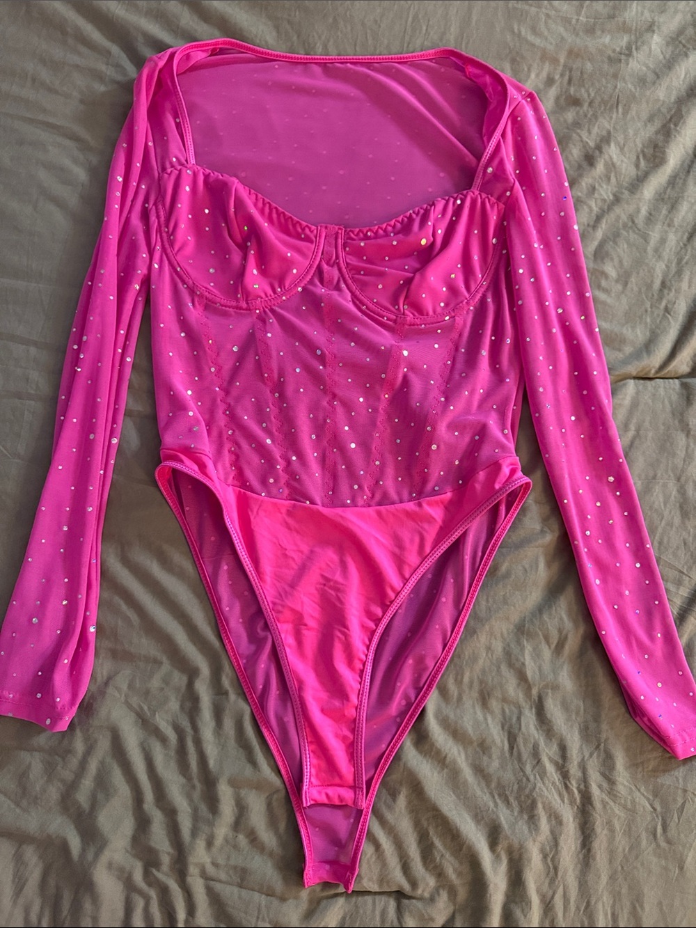 SHEIN Hot Pink Rhinestone Mesh Long-Sleeve Bodysuit
